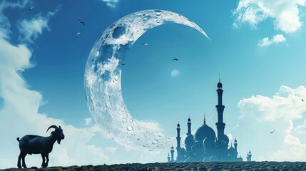 Fototapeta premium Against a backdrop of a clear evening sky, a majestic mosque rises up, its domes and minarets reaching toward the heavens. 