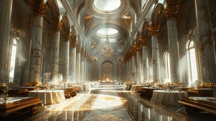 Landscape of an monumental high fantasy ballroom set up for a feast, tables, throne, golden...