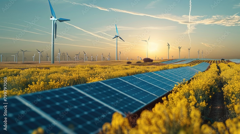 Poster a field yellow crops and wind energy and solar panels in the foreground. generative ai.