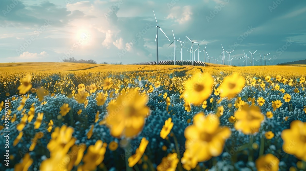 Poster a field yellow crops and wind energy and solar panels in the foreground. generative ai.
