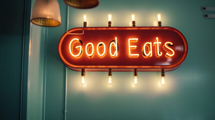 A bright, bold neon Good Eats sign invites customers to a retro-style diner with a teal backdrop