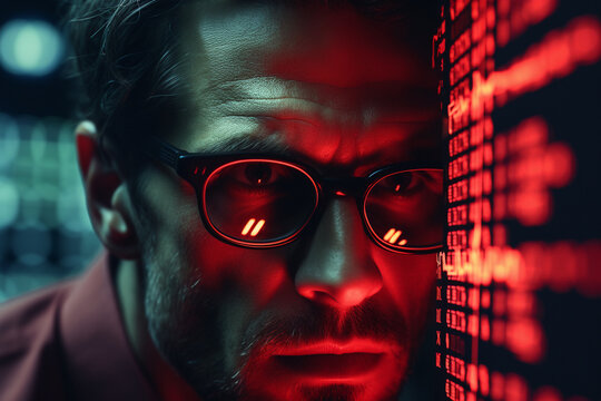 Close-up of a trader's intense gaze focused on a financial display board, red charts indicating a sharp decline in market value