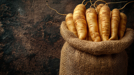 Fresh ginger roots in burlap sack on wooden table - Powered by Adobe