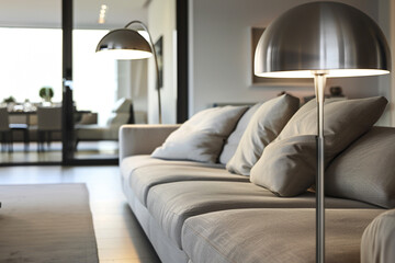 Soft light from an Italian floor lamp enhancing a living room's modern aesthetic.