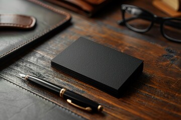 Black Corporate business card mockup, Stack of textured black business cards on a wooden office desk, complemented by a luxury fountain pen and leather accessories.