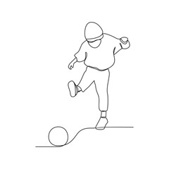 One continuous line drawing of a child playing football vector illustration. The child dribbling the ball, passing the ball, and shooting the ball to the goal. Football design concept illustration