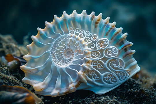 Intricate swirls decorate a shell in a mermaid's underwater kingdom.
