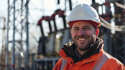 Fototapeta premium Power expertise: Male electrician smiles while conducting inspections at the electrical substation, demonstrating proficiency and dedication. 