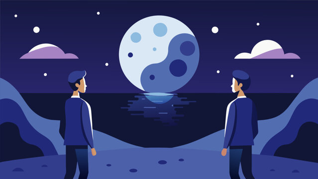 As the moons glow danced across their faces two partners discussed the concept of parallel universes and the idea of alternate versions of themselves. Vector illustration