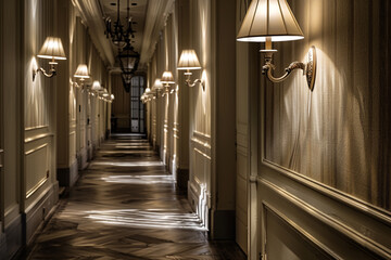 Elongated shadows in a hallway lit by Italian wall lamps, showcasing architectural depth.