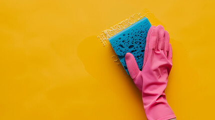 Blue cleaning sponge and hand with pink cleaning glove for household chores and hygiene maintenance, background with copy space on yellow backdrop