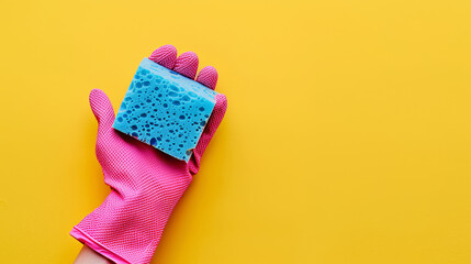 Blue cleaning sponge and hand with pink cleaning glove for household chores and hygiene maintenance, background with copy space on yellow backdrop