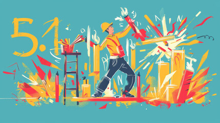 International Workers' Day or Labour Day illustration background with drawing of workers and written 5.1 for 5 May first 1