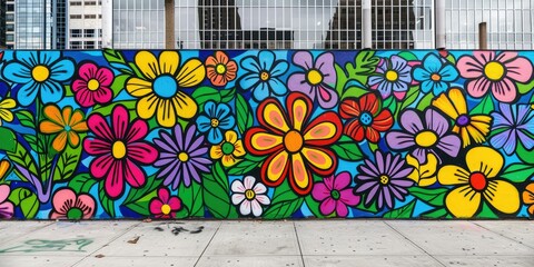 a floral line art pattern seamlessly incorporated into a vibrant mural adorning an urban cityscape, adding a touch of whimsy and charm to the bustling streets.