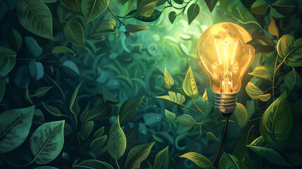 Illustration of a luminous light bulb and green foliage representing sustainable energy and ecological responsibility background