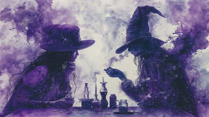 Mysterious watercolor encounter: plague doctor and witch. Watercolor painting depicts a cloaked plague doctor conversing mystically with a witch over bottles and smoke in a purple haze - obrazy, fototapety, plakaty