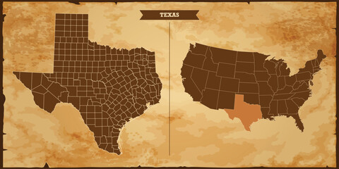 Texas state map, United States of America map with federal states in A vintage map based background, Political USA Map