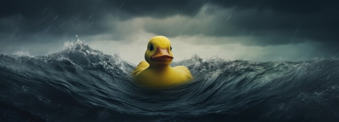 A yellow rubber duck is in the water, splashing around and enjoying the waves - Powered by Adobe