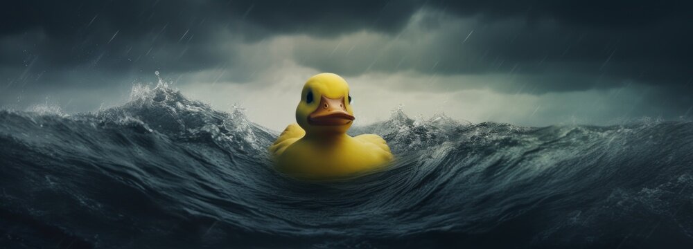 A yellow rubber duck is in the water, splashing around and enjoying the waves