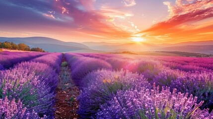 Sunrise symphony in purple: Lavender fields come alive with the first light of day, a breathtaking...