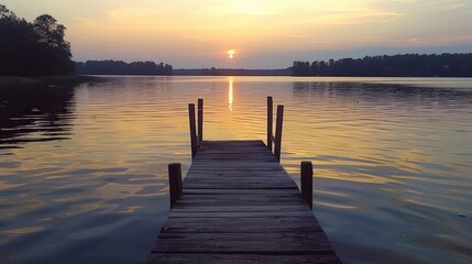Fototapeta premium Sunset solitude: A weathered dock juts out into the calm waters of the lake, offering a solitary retreat to watch the sunset.