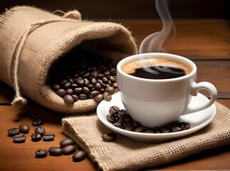 Aromatic Coffee Beans Beside a Steaming Cup of Coffee