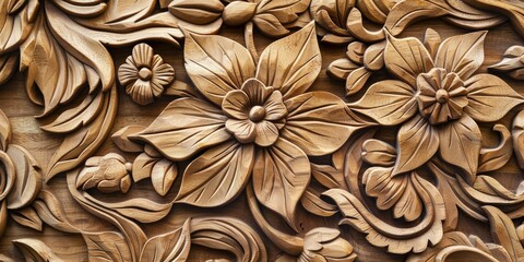 an eye-catching stock photo showcasing a floral line art pattern intricately carved into a piece of natural wood, exemplifying the fusion of traditional craftsmanship with contemporary aesthetics.