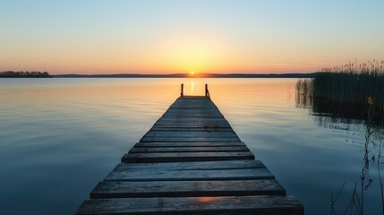 Tranquility at twilight: An old wooden dock stands silently against the backdrop of a stunning sunset over the lake. 