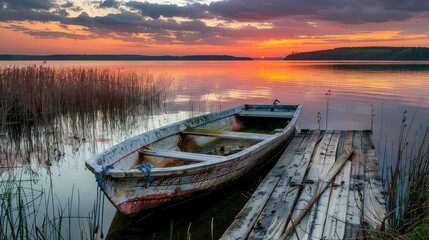Tranquil evening by the lake: A traditional boat rests by the weathered wooden dock, as the sunset paints the sky in shades of orange and pink.