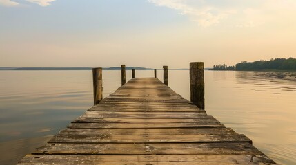 "Twilight tranquility: An aged wooden dock stretches into the peaceful waters of the lake, illuminated by the soft light of the setting sun. 