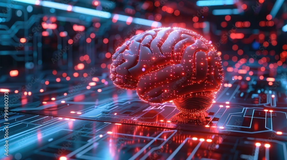 Poster a 3d model of a brain on a digital interface, with a vivid circuit board texture covering its surfac