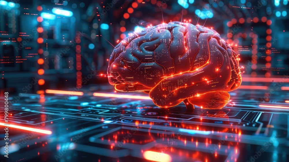 Poster a 3d model of a brain on a digital interface, with a vivid circuit board texture covering its surfac