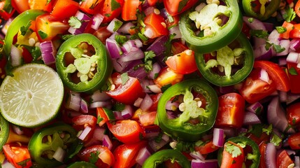 High-resolution image capturing the texture of Pico de Gallo salsa, highlighting ingredients like fresh jalapenos and lime juice, studio lighting, isolated backdrop