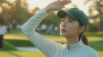 Asian woman on golf course with green hat and white long sleeve coveralls