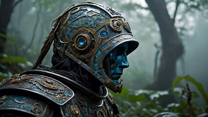 Obraz premium Warrior Statue Amidst Military Gear and Weapons in Bronze Sculpture