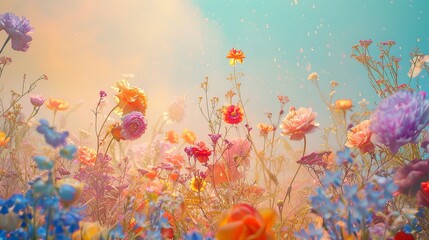 A captivating water action photo capturing a profusion of large, multicolored flowers floating in a vast expanse. The scene includes peonies, ranunculi, bluebells, daisies, forget-me-nots, and anemone