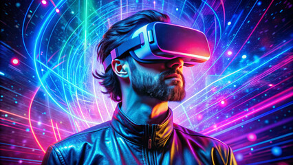 Man enjoying VR headset gadget in cyberspace and virtual reality. Male having fun in metaverse digital hud hologram. Concept of virtual reality and augmented reality