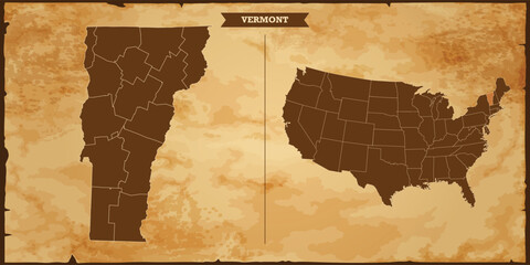Vermont state map, United States of America map with federal states in A vintage map based background, Political USA Map - obrazy, fototapety, plakaty