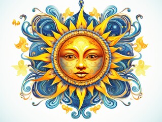 Illustration in the style of a stained glass window with abstract sun,round image