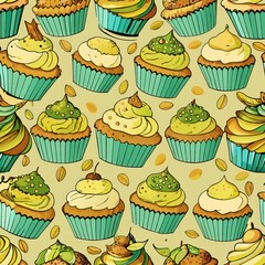 Seamless pattern of pistachio cupcakes decorated with chopped nuts, Generative AI 