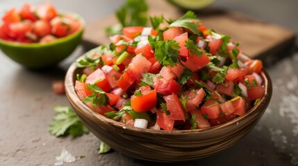 Gourmet style photo of Pico de Gallo, emphasizing the freshness and simplicity of the ingredients like cilantro and lime juice, clean isolated background, studio lighting