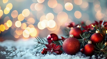 Naklejka na ściany i meble A festive Christmas background adorned with an array of glittering Christmas balls, set against a backdrop of golden bokeh lights. 