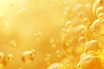 Golden Yellow Abstract Oil Bubbles Background Resembling Collagen Serum or Cosmetic Product. Concept Golden Yellow Abstract, Oil Bubbles Background, Collagen Serum, Cosmetic Product