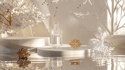 Advertising - pedestal photo of a white geometric reflective glass background. Clean minimalist style, cosmetics, cosmetic stand, plant perfume, 1 gold snowflake.