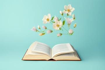 A floating open book with flowers falling out is isolated on a soft blue background. Various fresh spring flowers come out of the book. Minimal nature concept. Education background.