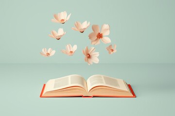 A floating open book with flowers falling out is isolated on a soft green background. Various fresh spring flowers come out of the book. Minimal nature concept. Education background.
