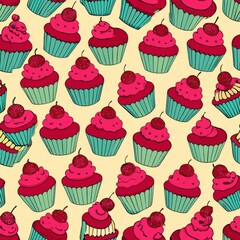 Seamless pattern of raspberry cupcakes filled with tangy raspberry jam, Generative AI