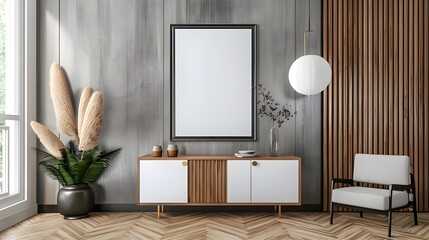 Mockup frame in living room interior with chair and decor,Scandinavian style.3d rendering, Mock up poster frame on cabinet in interior.3d rendering, Mock up poster frame in modern Ai generated 