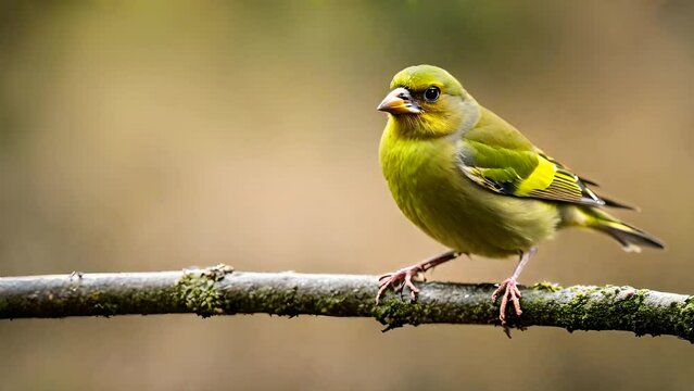 Gentle Common Greenfinch. Perched Gracefully on a Branch