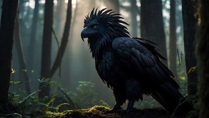 Black crow, black eagle in a mysterious forest shrouded in mist.